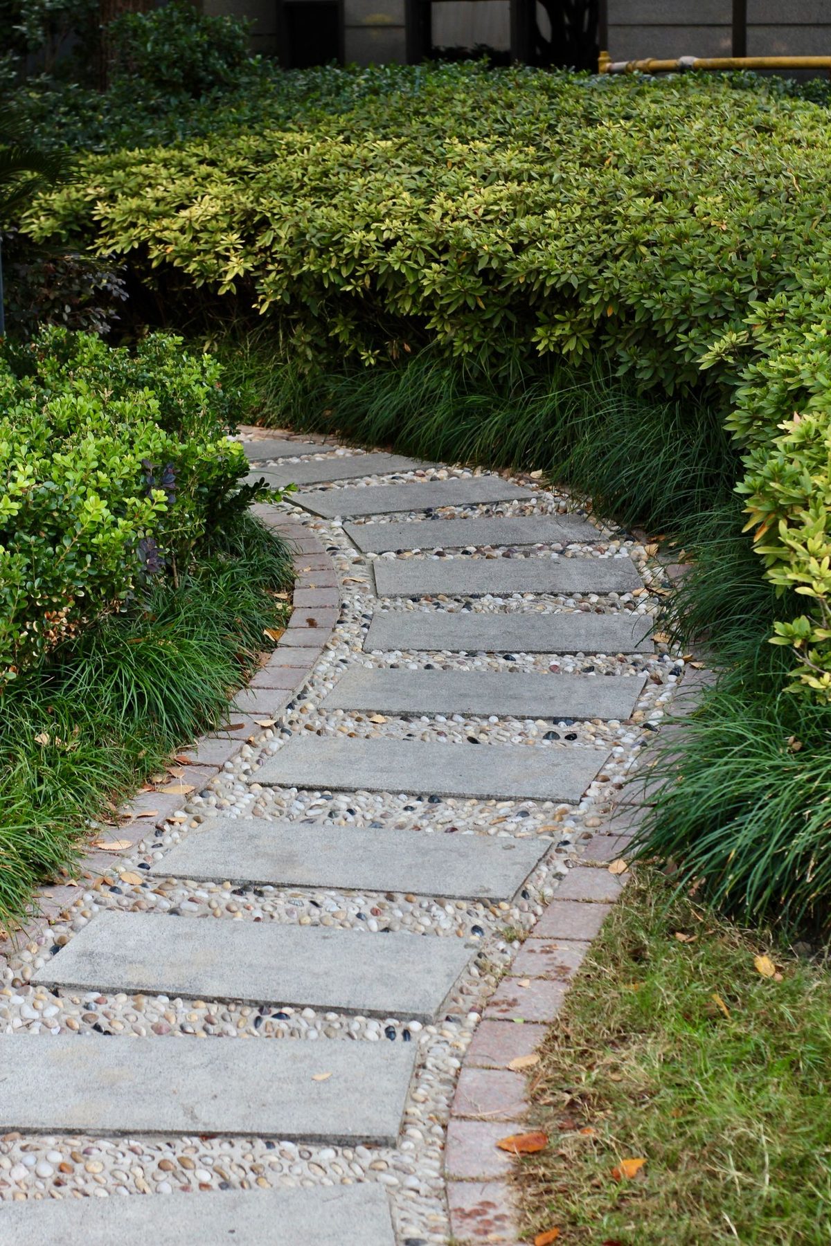 A curving walkway of rectangular slabs set in bands of pebbles with brick edging, bordered by clipped boxwood and glossy green shrubs